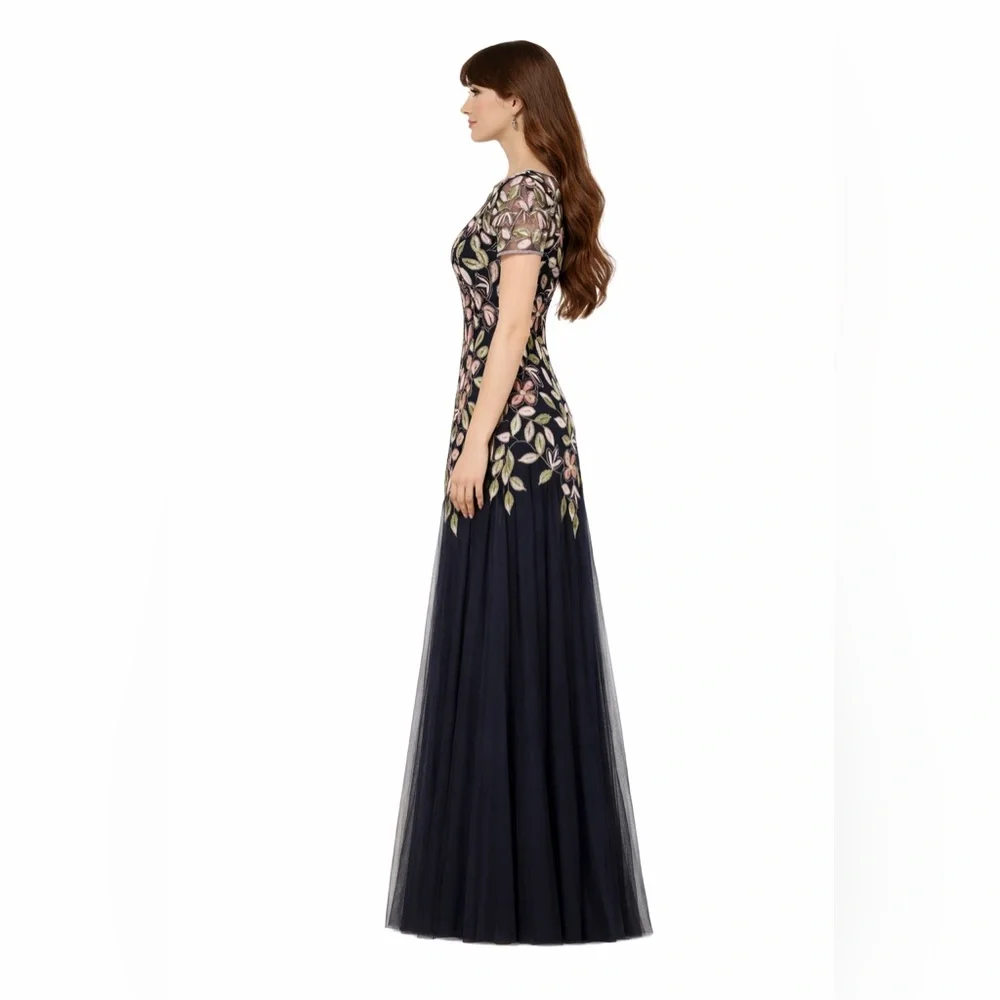 Adrianna Papell NWT Size 12 Navy Floral Beaded Gown Formal Evening Dress_2